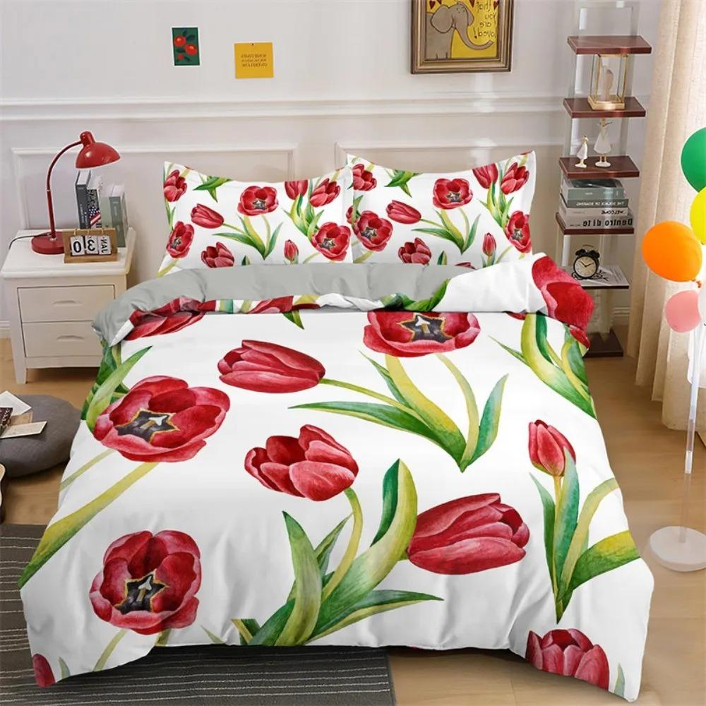 Spring Flowers Tulip Bedding Set Pink Rose Duvet Cover Queen King Full Size Women Girls Soft Floral Design