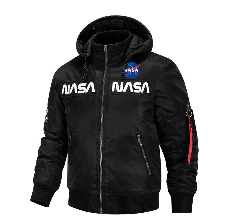 Men's Winter Hooded Padded Bomber Jacket Embroidered Quilted Flight Coat Loose Fit Casual Streetwear