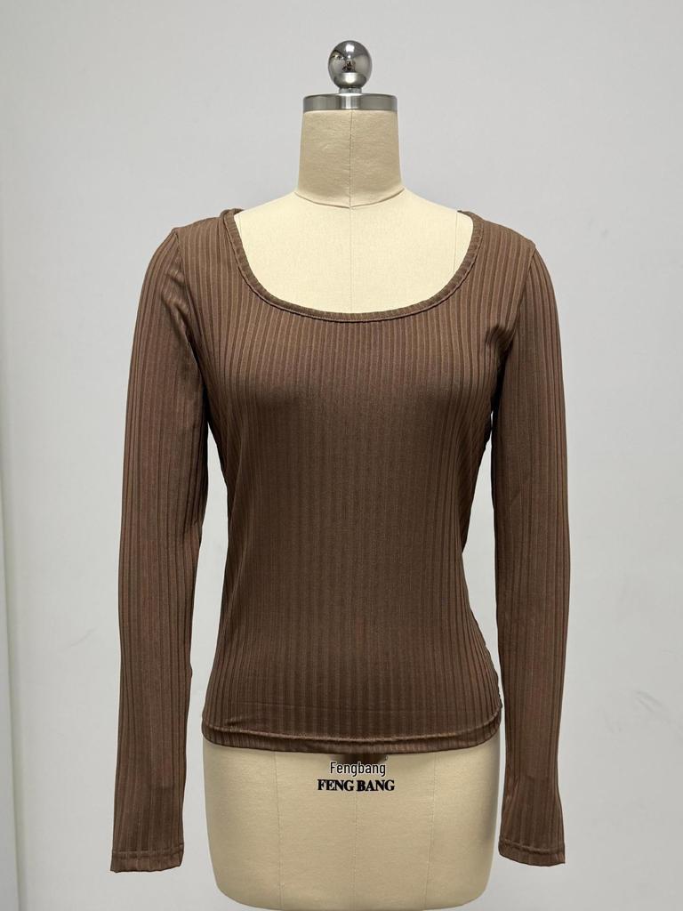 Evropský & Americký Žebrovaný Crew Neck Jednobarevný Jasný Dámský Jarní Crop Top Bodycon Dlouhý Rukáv