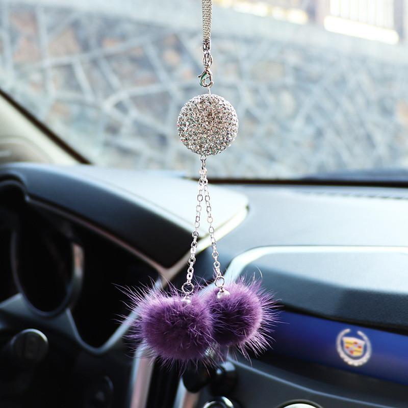 

Stylish Crystal Diamond Tassel Car Rearview Mirror Ornament Fur Balls Red Deep StyleJ