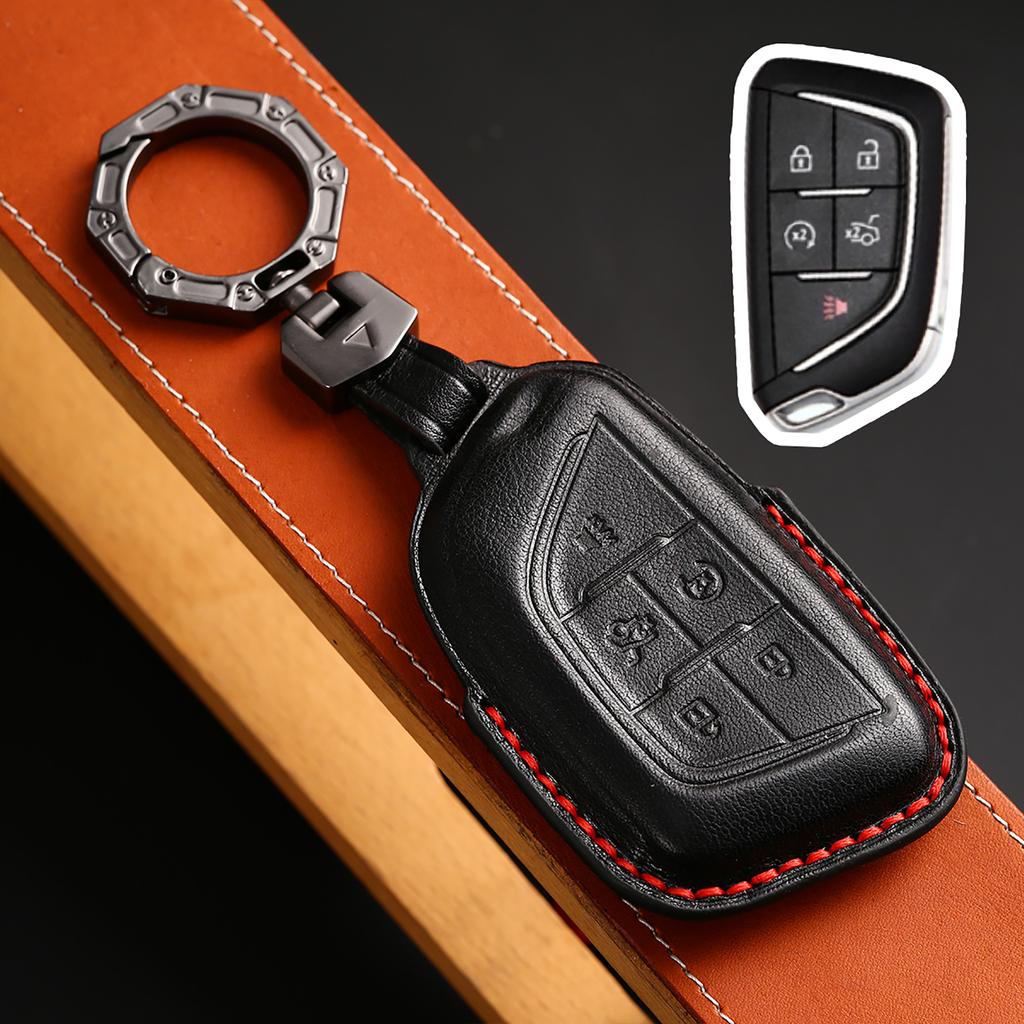 5 Bottons Leather Car Key Fob Case Cover Shell For Cadillac Ct4 Ct4-V Ct5 C8 Corvette Lyriq Keychain Accessories