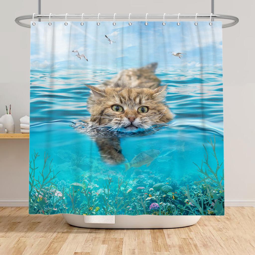 Funny Animals Shower Curtain Cartoon Cute Cats Dog Kids Curtain for Bathroom Waterproof Home Decoration Shower Curtains