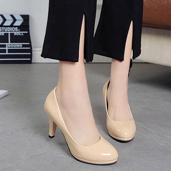 Fashion Women's Leather Round Head Elegant Business Attire Low Heels Shoes OL Arashi Size 34-42