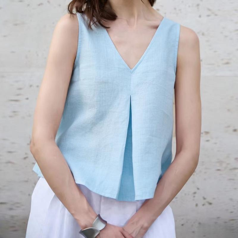 QICED Women's Fashion Casual Solid Color Print Sleeveless V-Neck Blouses & Shirts