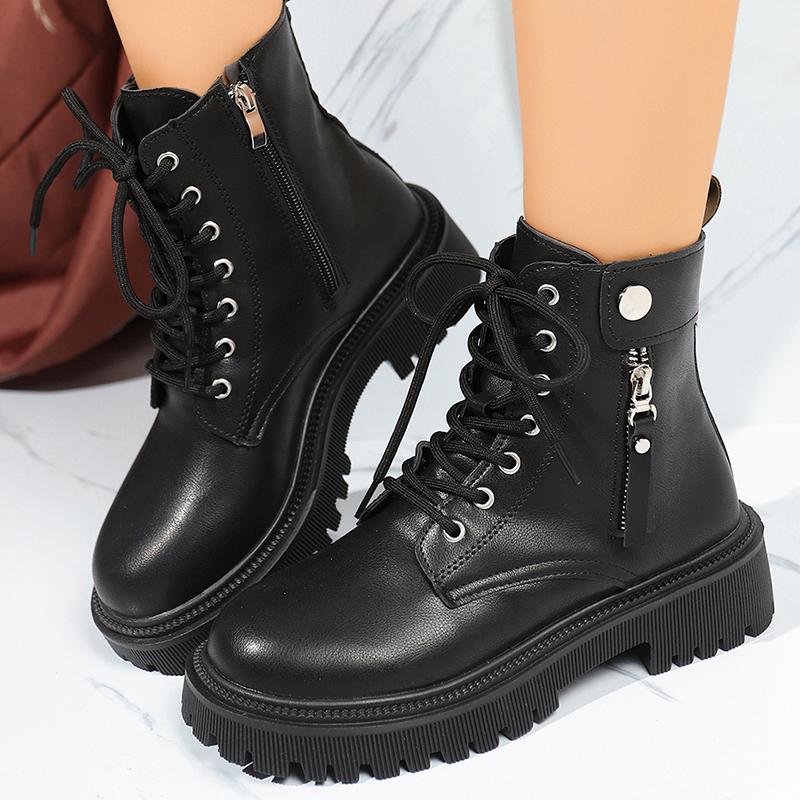 Fashion Punk Zipper Decor Platform Ankle Boots for Women Autumn Winter Black Thick Sole Short Booties Mujer Lace Up Pu Leather Boots