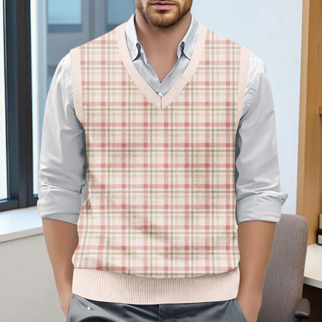 Men's Plaid Printed Sleeveless V-neck Vest Knit Jumper