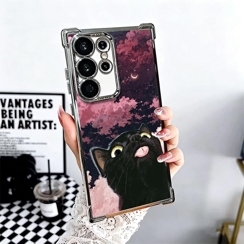 Cat Cute Kitten Cartoon Plating Phone Case For Samsung Galaxy S24 S25 FE S26 Edge S23 Ultra S22 S21 Plus S20 Anti-Fall Airabag C