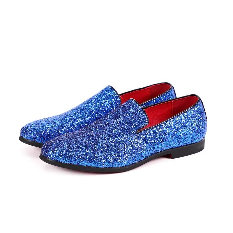 Men Loafer Dress Shoes Diamond Pointed Toe Shoes Gold Luxury Brand Men Paillette Fashion Mens Leather Shoes Zapatos Hombre