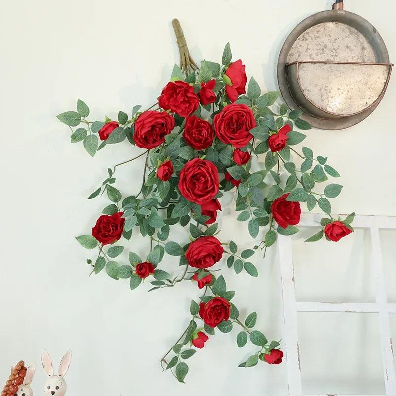 Wedding Artificial Flowers Wall Hanging Sweetheart Roses Rattan Simulation Flower Party Decoration Pink Red Rose Plant Flroal