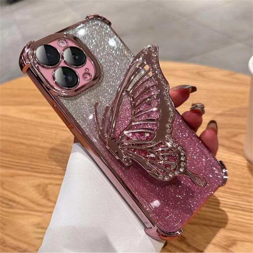 Gradient Glitter Butterfly Stand Case pro iPhone 11 12 13 14 15 Pro Max 15Plus XS MAX XR Samsung S24 S23 S22 S21 Ultra Plus S23 FE A15 A55 A14 A34 A54