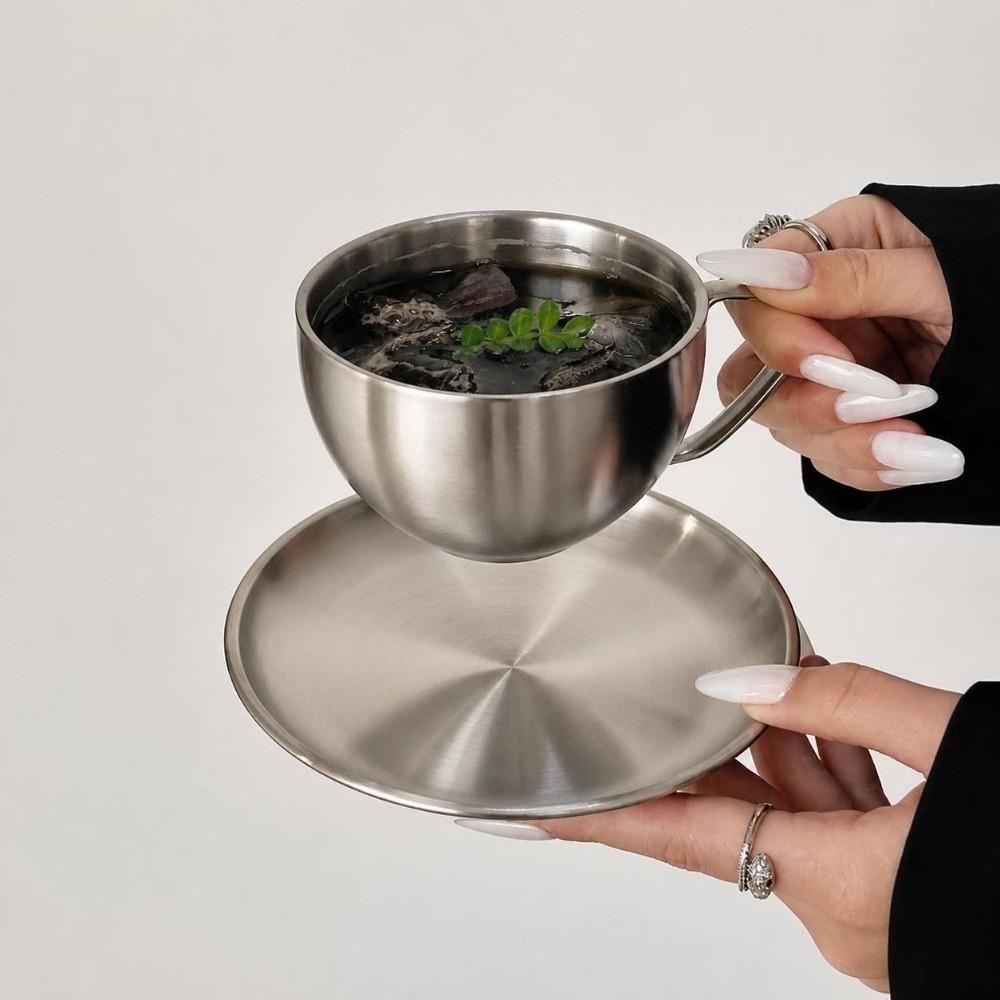 Stainless Steel Coffee Cup Set Heat Resistant Cup Saucer Set Exquisite Coffee Mug  Cafe Accessories