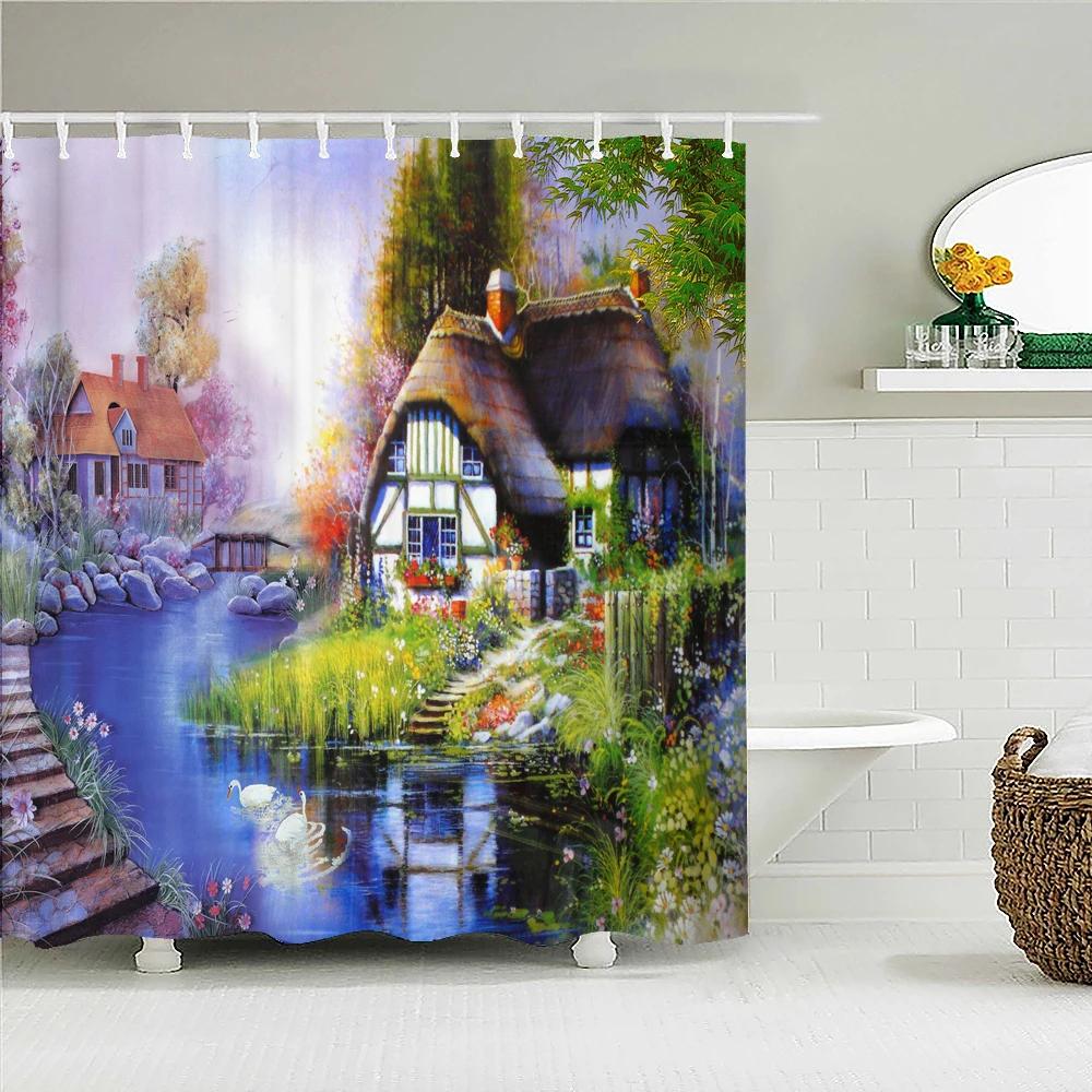 Fairy Tale Dream Forest Garden Shower Curtain Waterproof Fabric Bathroom Curtains Oil Painting Landscape Bath Screens With Hooks