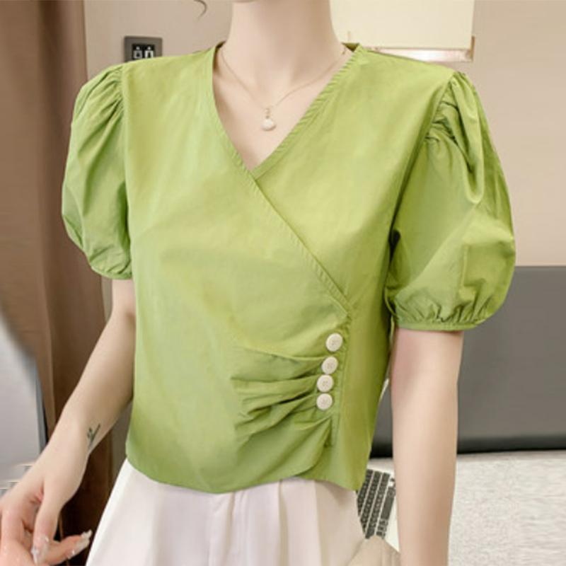 

VONDA Женские летние блузки с V-образным вырезом и короткими рукавами, плиссированные 3XL зелёный