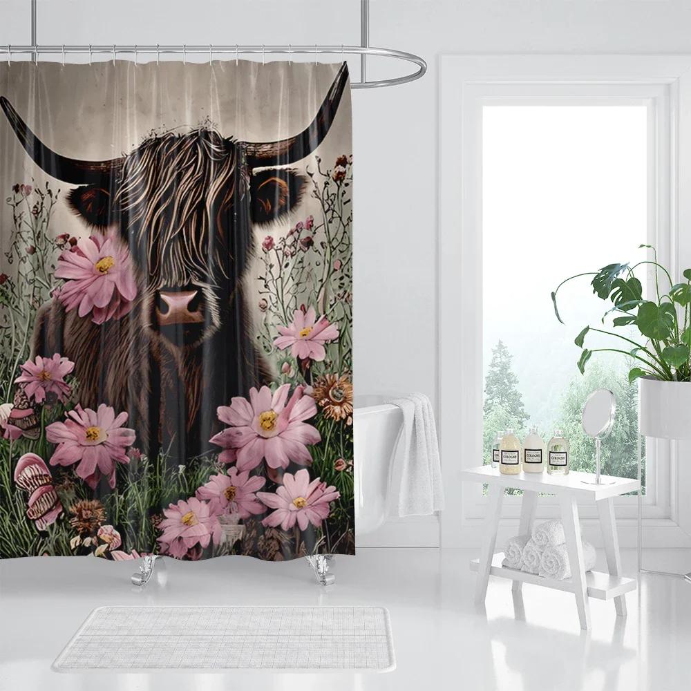 Funny Highland Cow Shower Curtain Farm Animal Sunflower Watercolour Flowers Farmhouse Polyester Fabric Bathroom Decor with Hooks