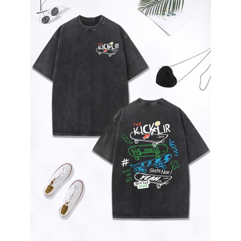 Kick Flir Skateboard Prints Washed T-Shirts Women Cotton Oversized Tops Comfortable O-Neck Distressed T Shirt Clothes