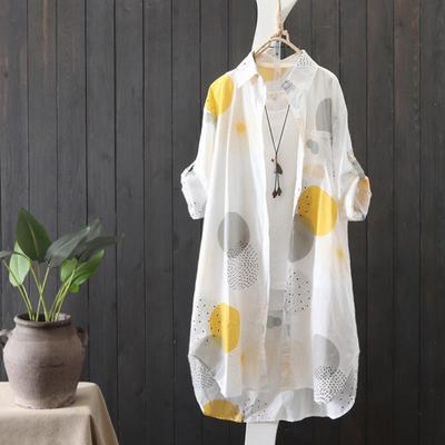 Spring Autumn Women Shirt Fashion Print Long Sleeve Irregular Hem Anti Sun Lapel Long Coat for Daily Wear