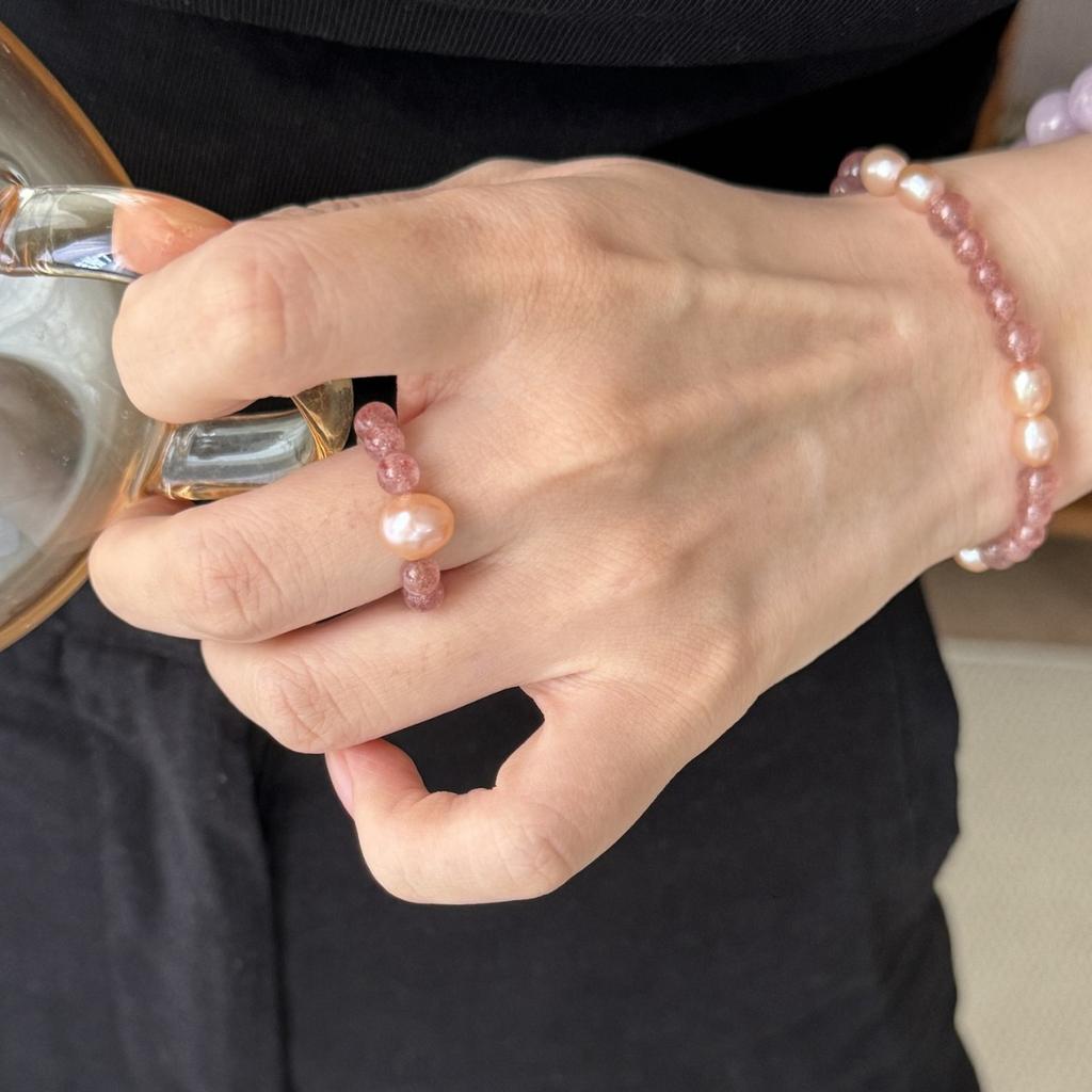 100% Natural Pink Freshwater Pearl & Strawberry Quartz Female Ring  For Women Gifts Adjustable Elasticity