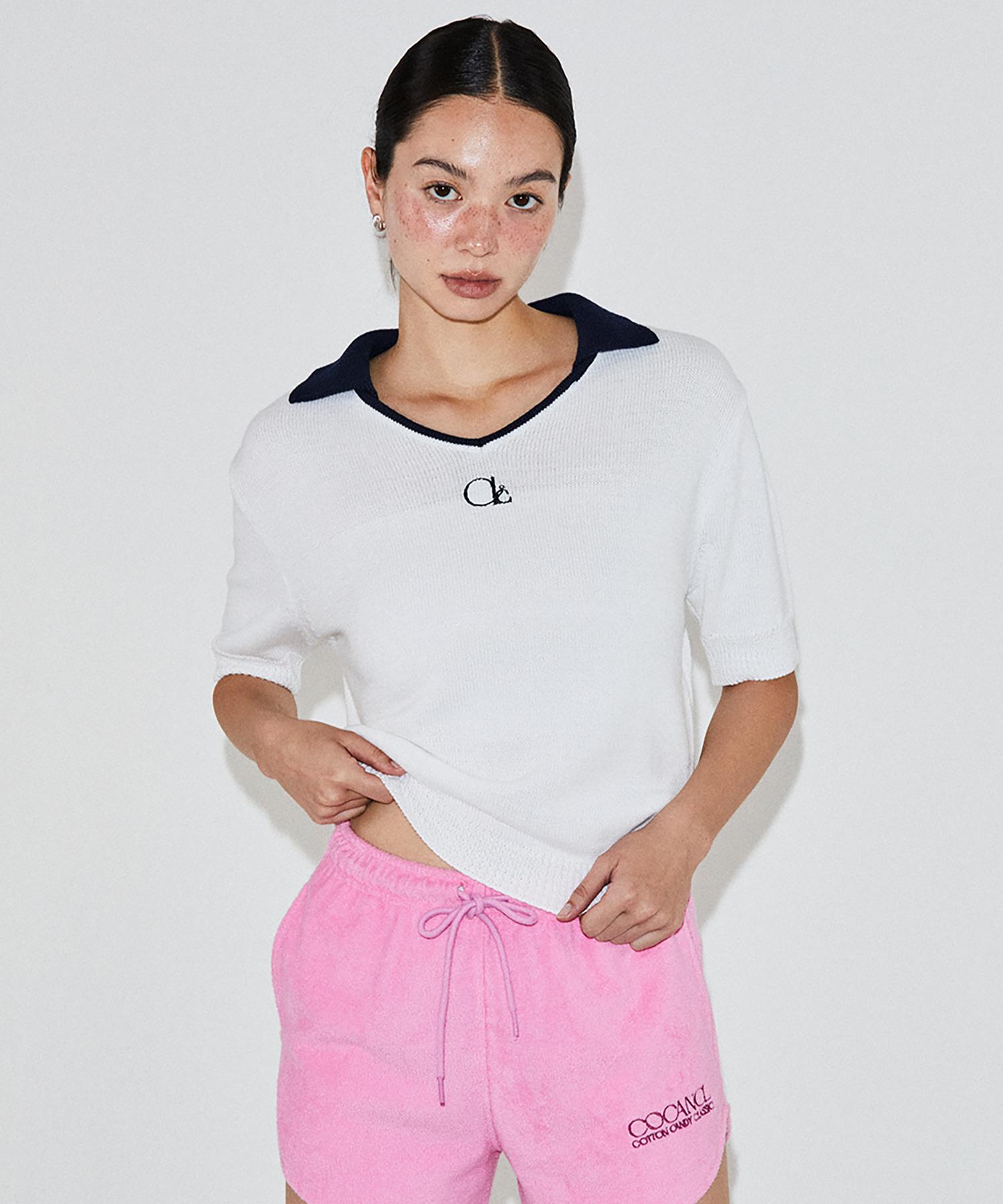 Cocancle V-Neck Knit Collared Top White/Free