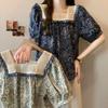 Retro Floral Lace Square Collar Short-sleeved Shirt for Women's Summer Doll Shirt Top