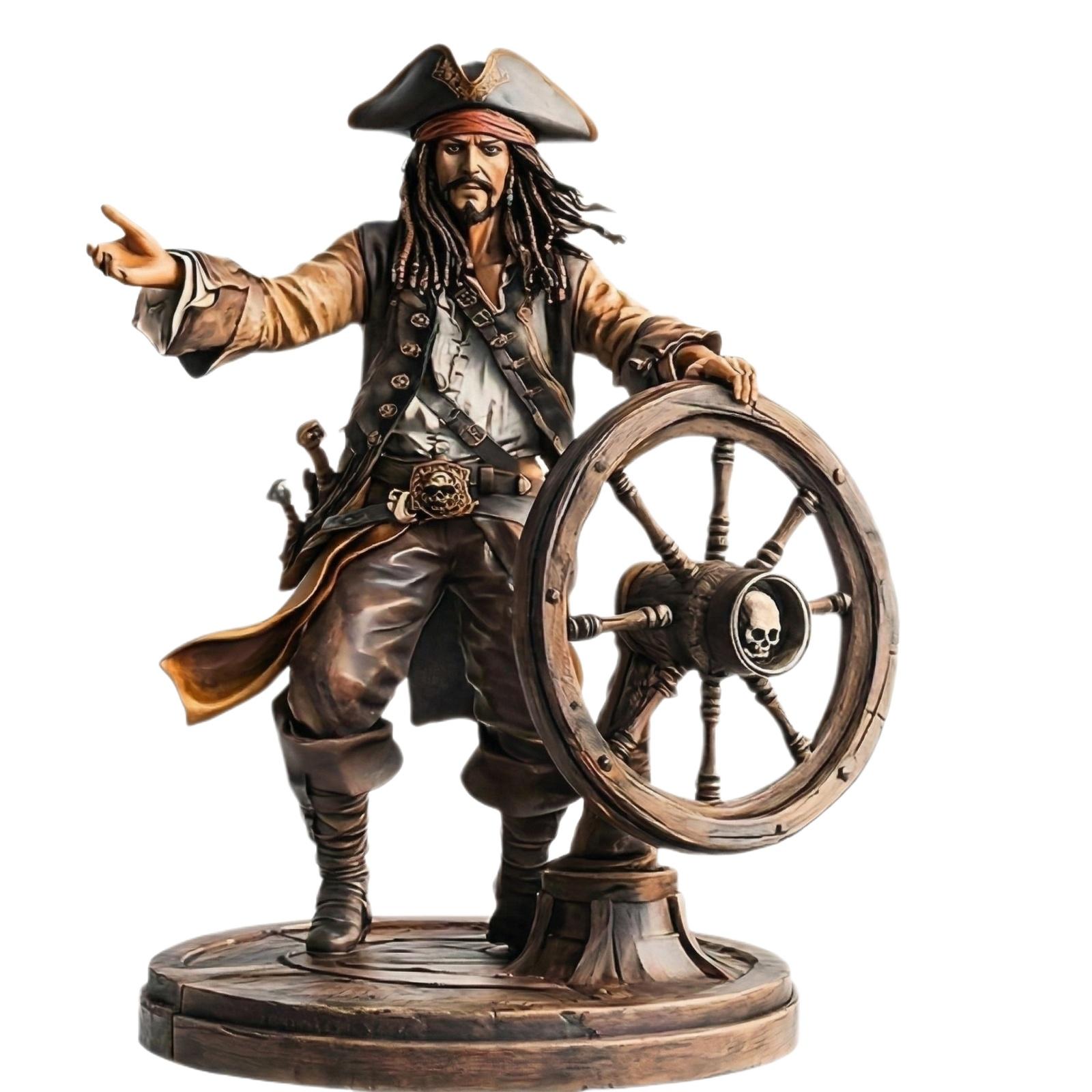 

Vintage Style Pirate Captain Figurine Acrylic Decorative Ornament with Ship Steering Wheel on Round Base for Home Office Display One Size