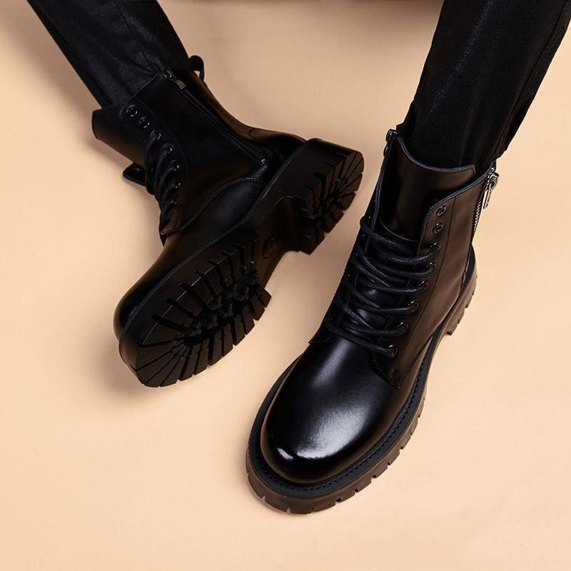 Cool handsome Martin boots women's Korean version tooling boots British high-top thick-bottomed trendy soft leather boots black versatile leather
