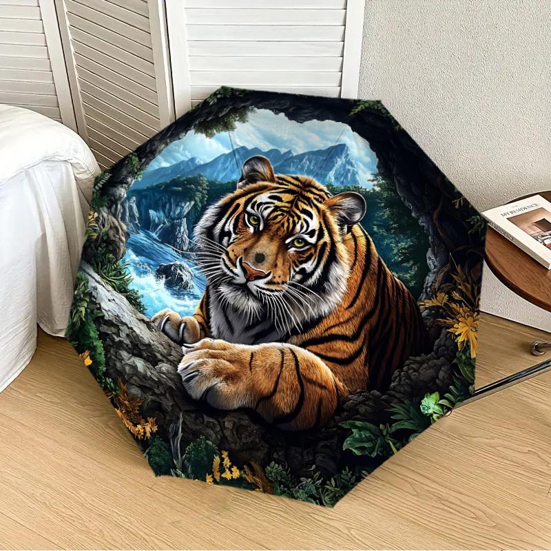 

1PC Tiger Nature Landscape Automatic 8-Bone Folding Umbrella - Durable Polyester & Iron Frame,Userfriendly Operation y250929171