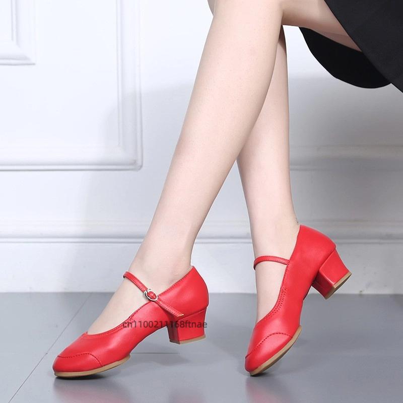 Female Dance Shoes with Soft Sole, Mid Heel, Dance Practice Shoes, Teacher's Four Season Ballroom Dance Two-point Shoes