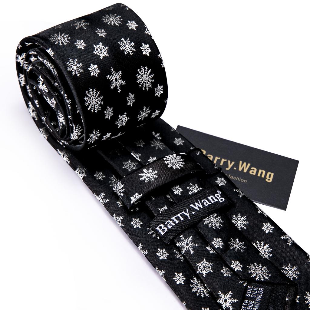 Barry Wang Men Tie Hankerchief Cufflinks Set Black White Snowflake Cartoon Pattern Christmas Atmosphere Tie