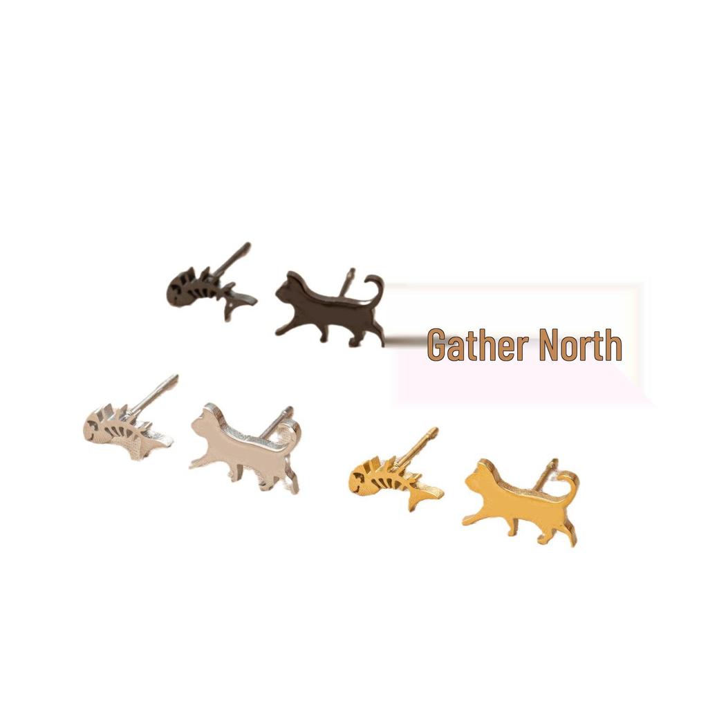 Japanese & Korean Style Asymmetrical Fish Bone Cat Earrings for Girls - Stainless Steel Niche Design