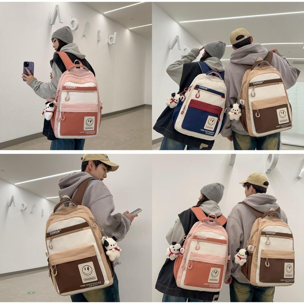 Retro Workwear Style Large Capacity Backpack Women Korean Version High School Students Color-blocking Trendy Shoulder Bag Men Travel Backpack