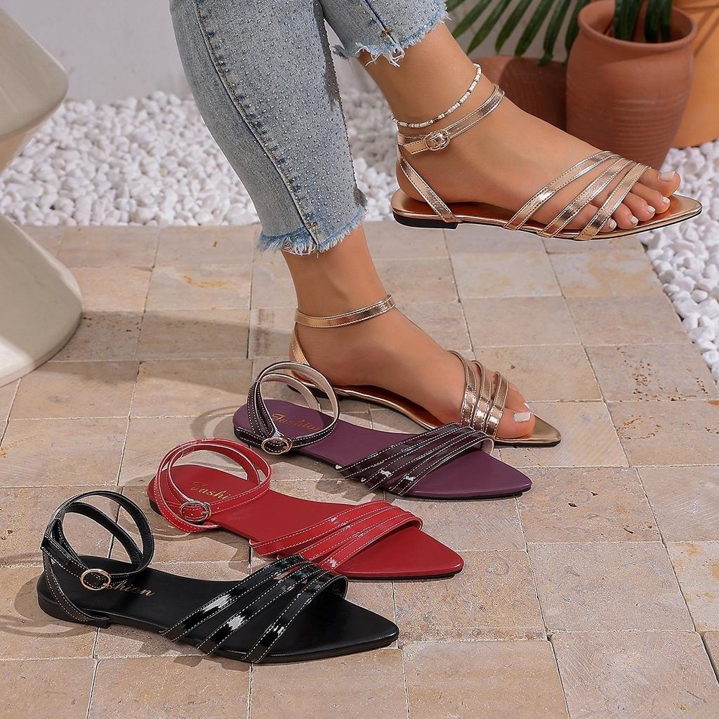 Neue flache Sandalen für Damen in Übergröße, Strandschuhe mit spitzen Zehen