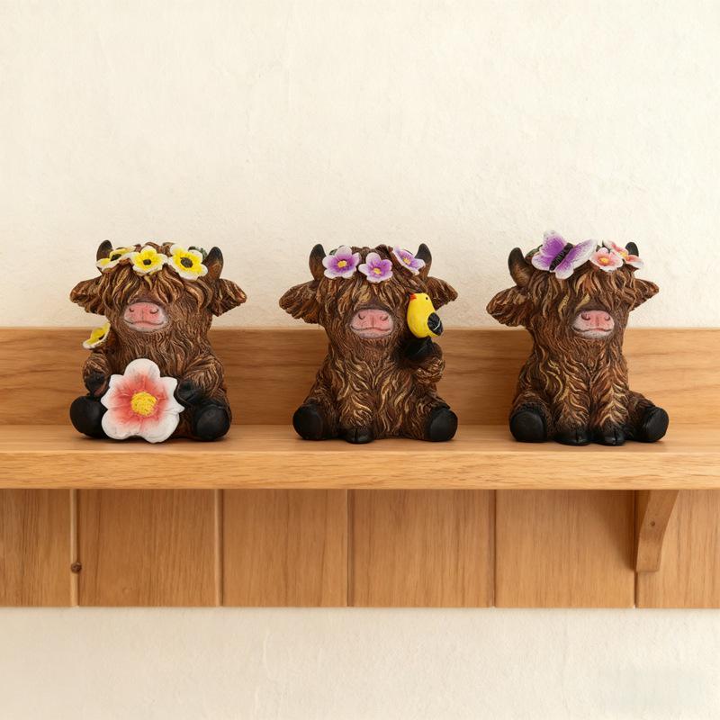 Cross-border Outdoor Highland Cow Flower Pot - Resin Garden Courtyard Ornament Set