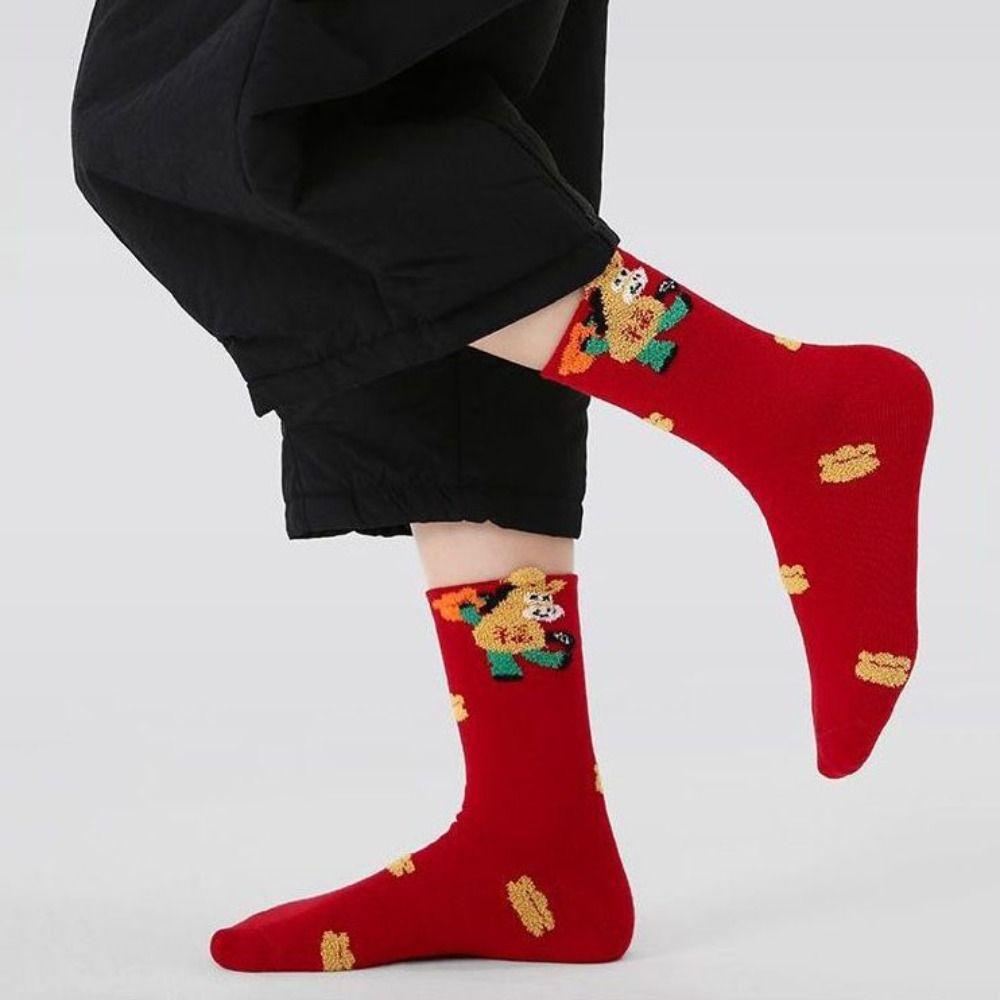 5Pairs Mid Tube Zodiac Horse Year Socks Good Luck Red Cotton Socks Chinese New Year Socks  Women