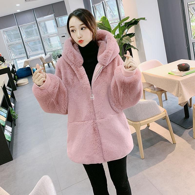 New Autumn and Winter Imitation Fur Jacket for Women's Loose and Thickened Imitation Rabbit Fur Plush Medium and Long Hooded