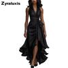 Neues Satin-V-Ausschnitt-Ärmelloses Kleid mit Taillensitz und Blumenmuster, Rüschen, für Damen