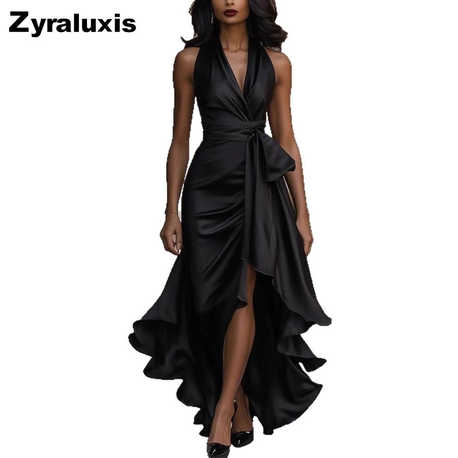 Neues Satin-V-Ausschnitt-Ärmelloses Kleid mit Taillensitz und Blumenmuster, Rüschen, für Damen