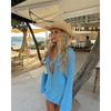 Holiday Hollow Out Mini Dress Women Knit Lace Up Long Flare Sleeve Beach Dresses, Lady Vacation Solid Vestidos