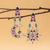 Vintage Asymmetrical Sun Moon Star Drop Earrings Multicolor Rhinestone Enamel Celestial Long Dangle Earrings for Women