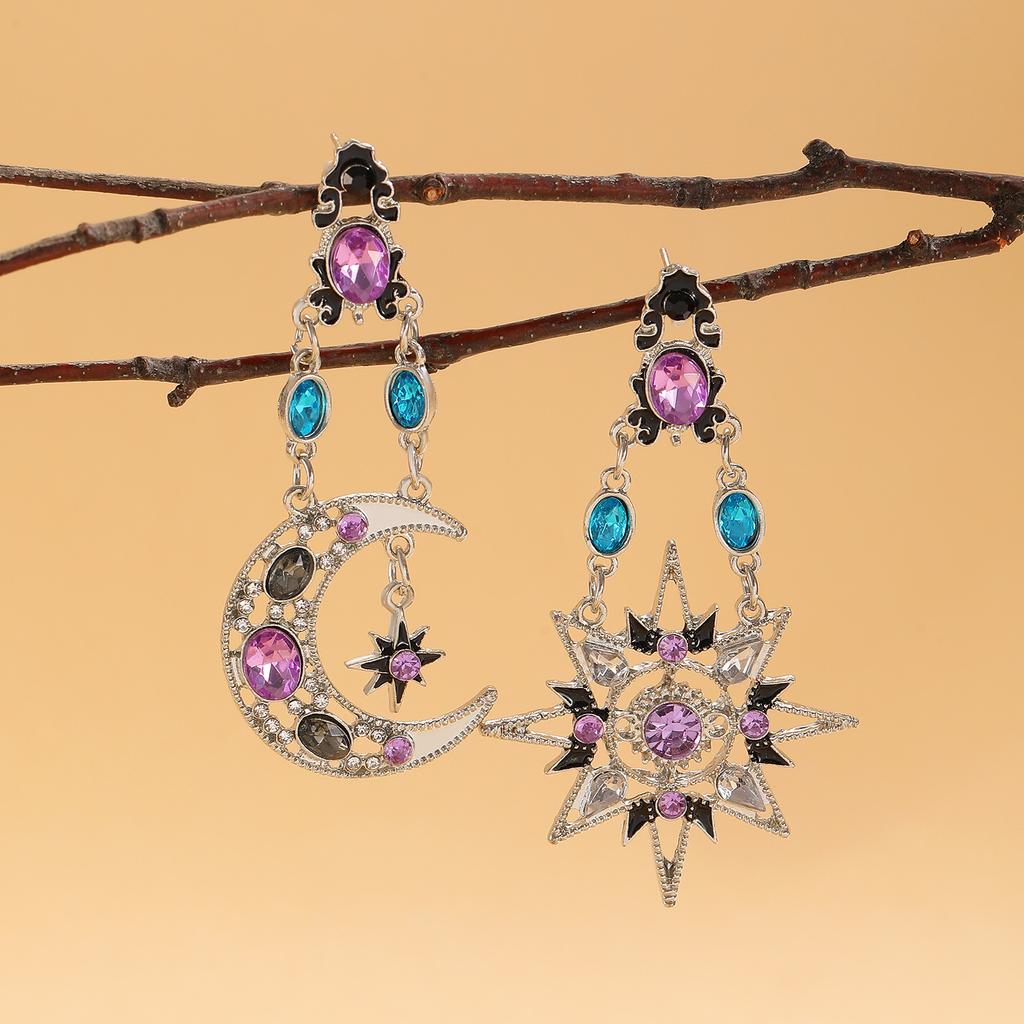Vintage Asymmetrical Sun Moon Star Drop Earrings Multicolor Rhinestone Enamel Celestial Long Dangle Earrings for Women