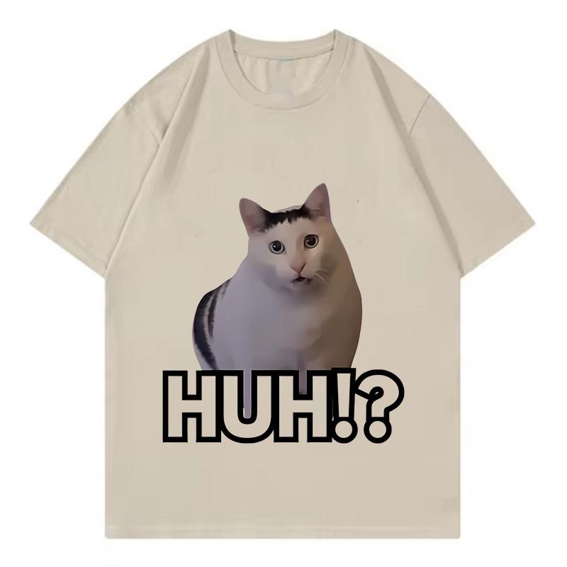 Retro Cat Saying Huh Meme T Shirts Unisex Women Cat Tshirt Aesthetics Round Neck Short Sleeve Trendy Tee Shirt Streetwear Tops