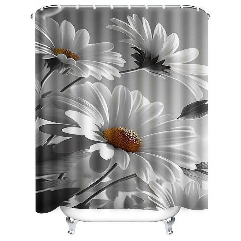 Monochrome Daisies Waterproof Shower Curtain Heat Resistant Machine Washable Non-Transparent 180x180cm
