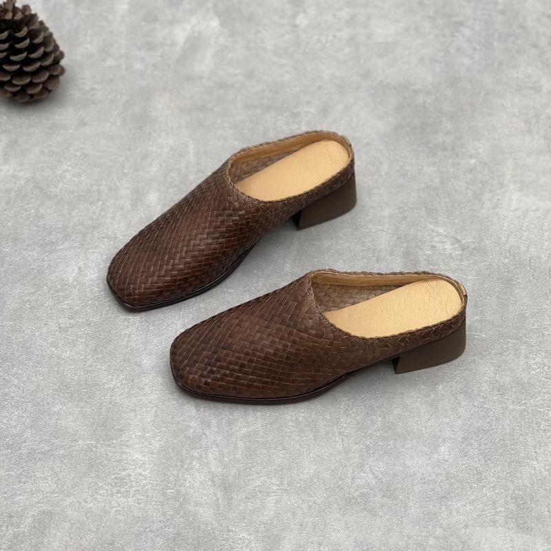 Women's Shoes, Retro Flip-top Breathable Slippers, Square-toed Half-heeled Shoes