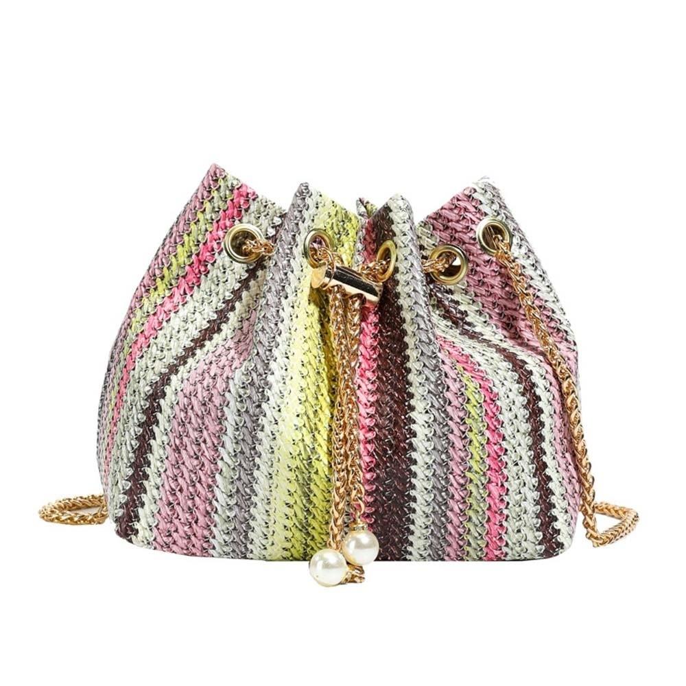 

Large Capacity Straw Woven Shoulder Pouch Leather Anti-splash Water Drawstring Chain Bucket Bag Lightweight Polyester кофейный