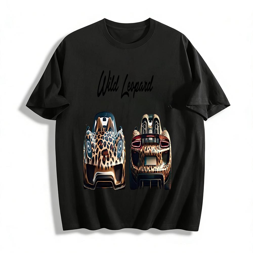

Wild Leopard Leopard Print Sports Car Graphic Tshirt Street Style Loose Casual Tee For Men Women Pure cotton T-shirt XXS