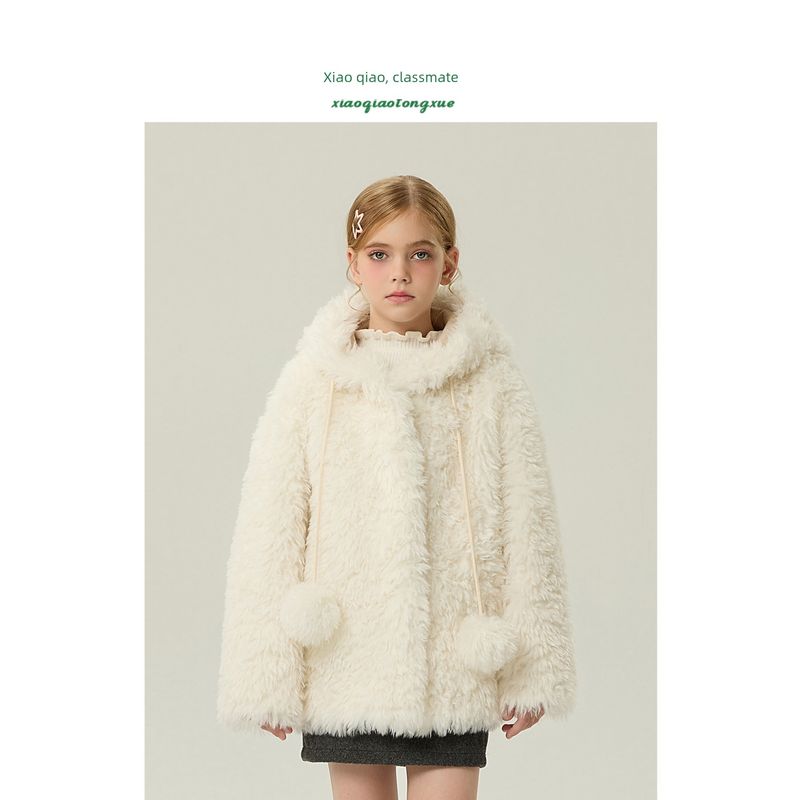 Children's Fur Coat 2025 Autumn and Winter New Style Girls' Korean Fleece Cardigan Little Girl's Furry Coat with Pom-Poms