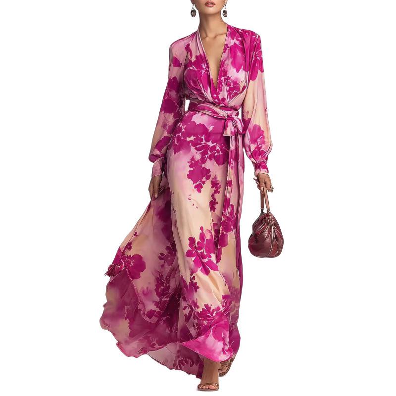 Spring 2026 European and American Style Elegant Printed Chiffon V-neck Tie-up Long Sleeve Dress