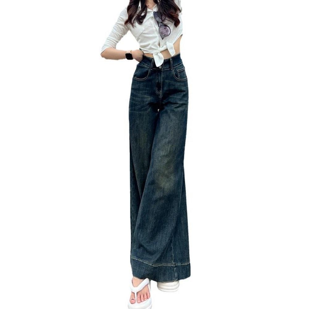 American Retro Wide-leg Jeans Women's Spring and Autumn New Floor-mopping Pants High-waisted Double-buckle Wide-leg Jeans Tide