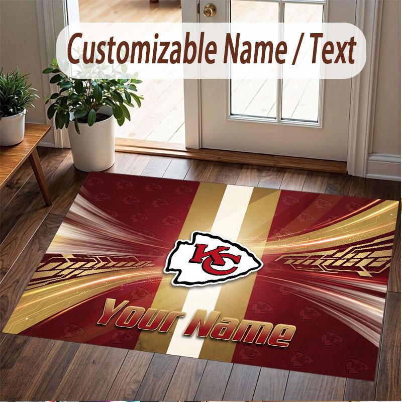 Custom Rug Kansas City Chiefs Pattern Print Name Text Soft Non‑Slip Floor Carpet for Home Indoor Decoration