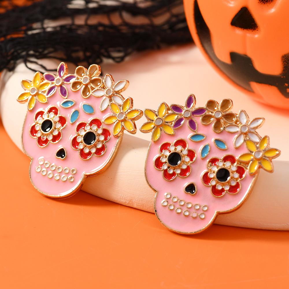 Colorful Rhinestone Skull Earrings: Retro Pink Drip Oil Studs for Women’s Halloween