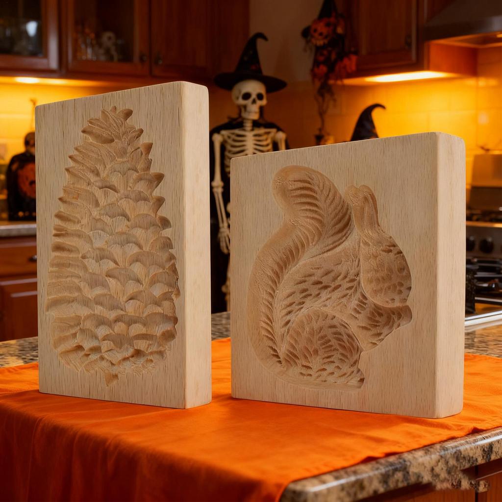 2 Pieces 3D Cookie Stamp Mold Wooden Cookie Cutter Squirrel And Pine Cone Shaped Cookie Mold Reusable Christmas Baking Mold